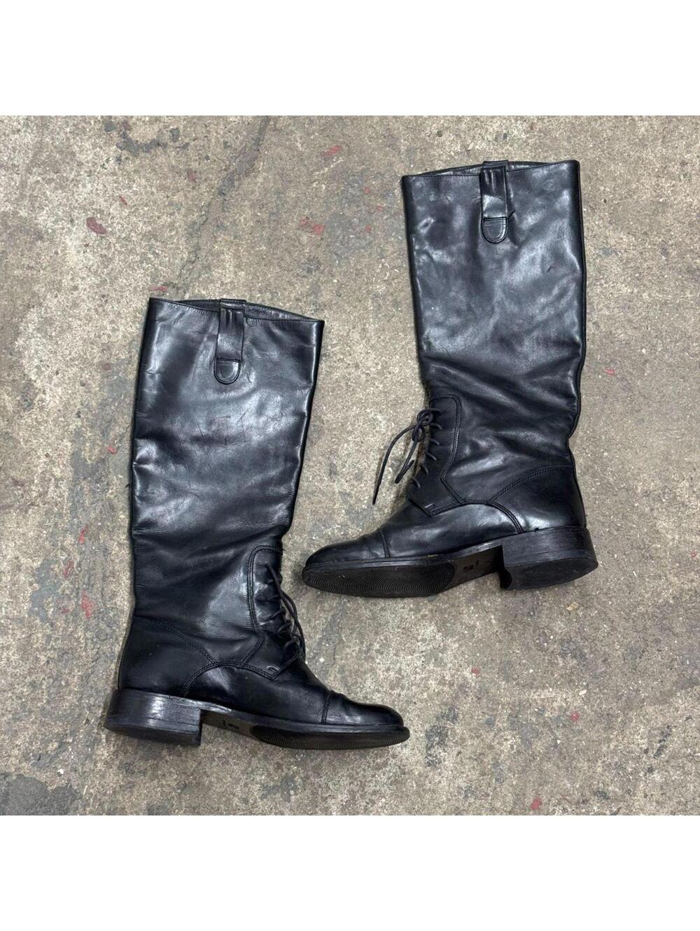 Vintage Black Lace-Up Leather Riding Boots - Picture 2 of 7